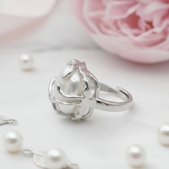 π S925 Sterling Silver Adjustable Baroque Pearl Statement Ring Elegant Design - Picture 9 of 14